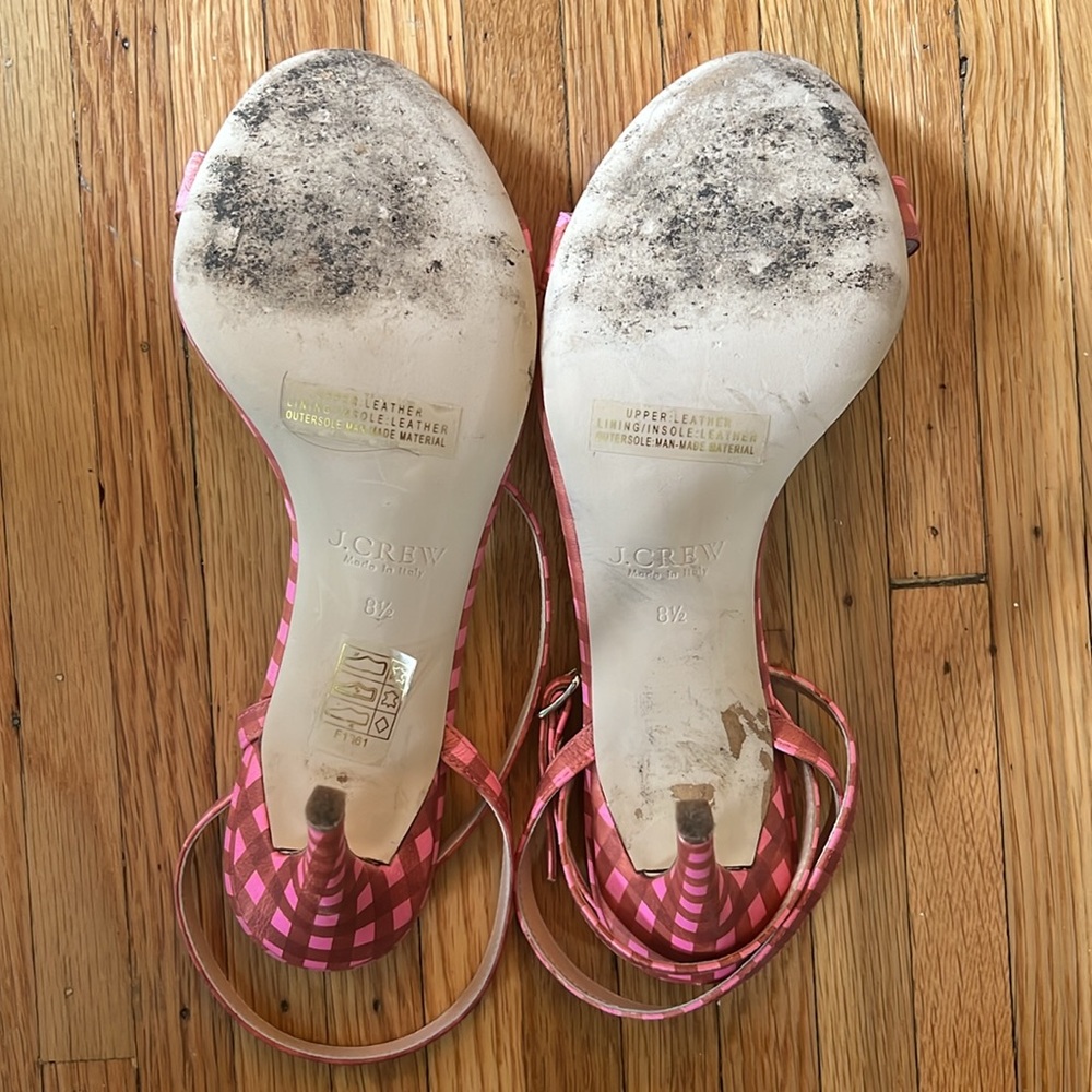 J.Crew Pink Gingham Print Leather Strappy High Heel Sandals with Bow, Size 8.5 - Picture 8 of 10